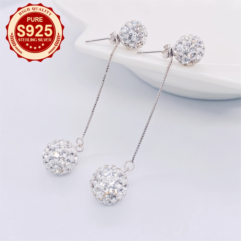 Women's S925 Silver Double Flashing Ball Long Line Pendant Earrings
